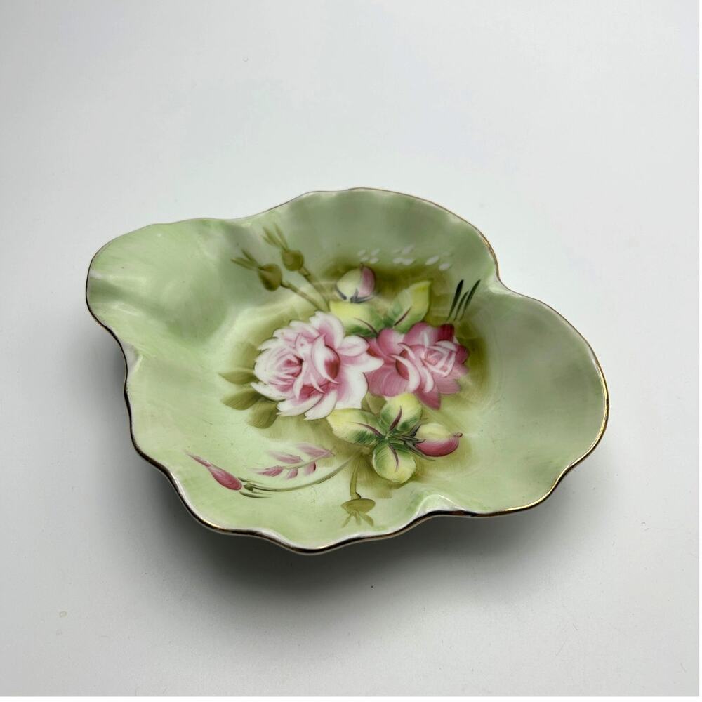 Lefton China Heritage Green Candy Nut Dish Hand Painted Pink Roses Vintage